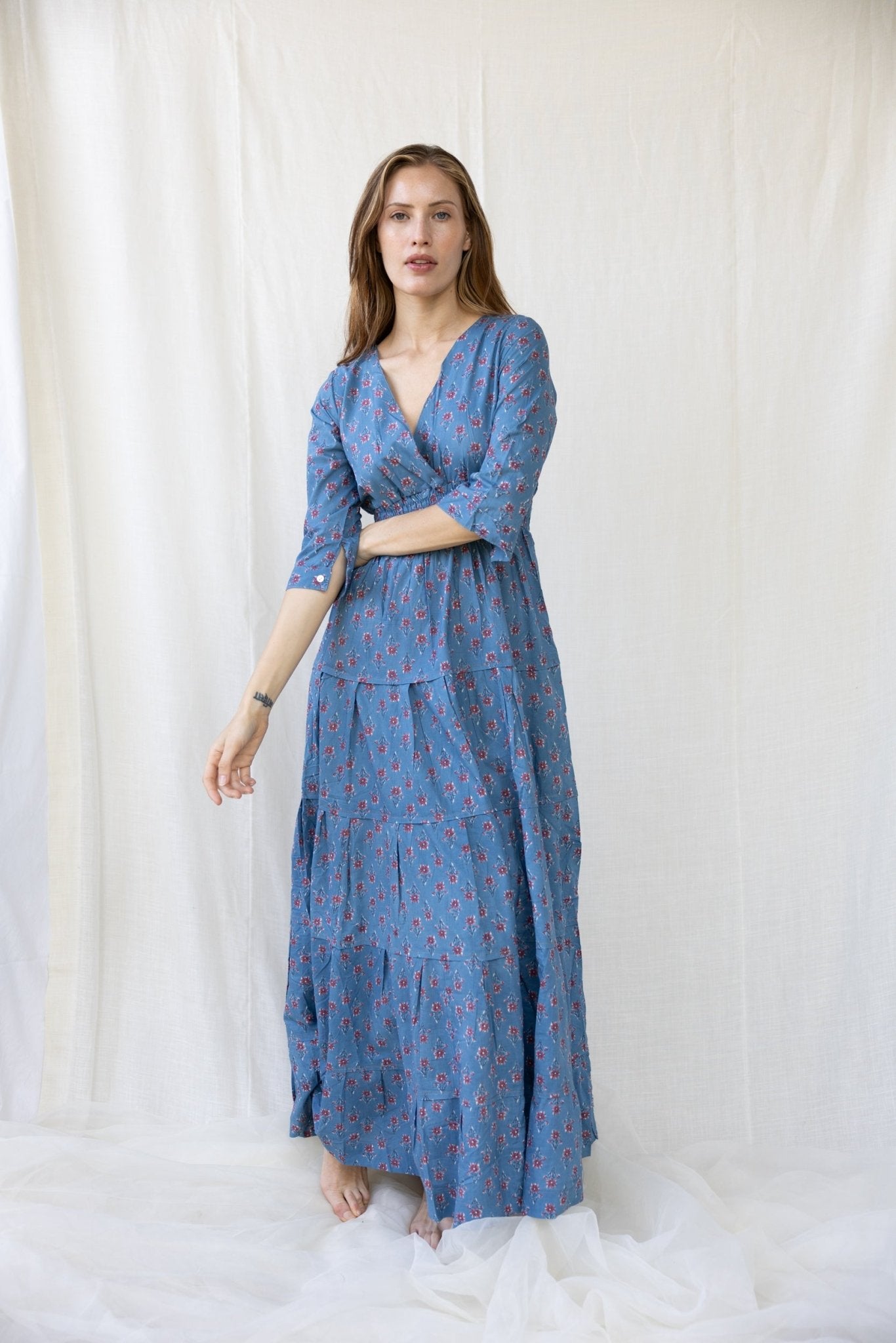 blue bohemia dress Couture Cotton Gardenia Long Pia Shine Mesh O-Ring and string around collar bandage dress Trouser Inseam:W32 L30
